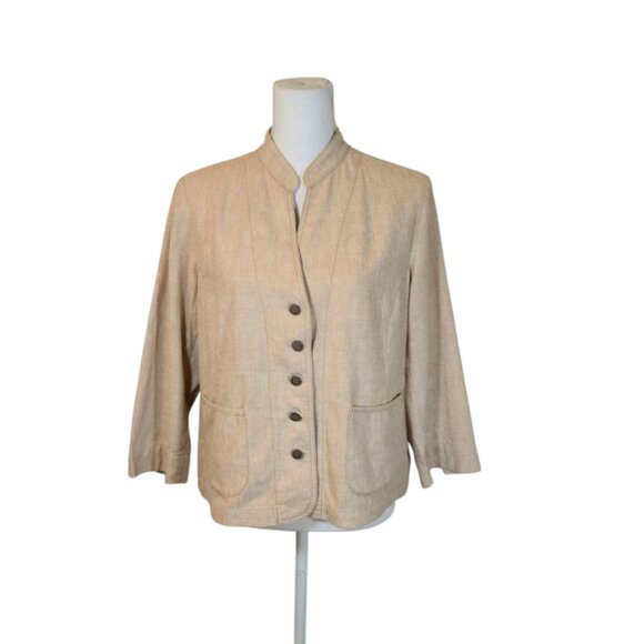 Talbots Petites VTG Linen Striped Jacket Size MP Tan Neutral Lagenlook Preppy - Picture 1 of 11